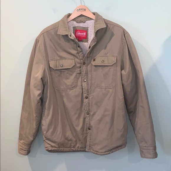 Coleman Thick Sherpa Fleece Lined Khaki Twill Cotton Utility Jacket Men’s Medium - Picture 1 of 10